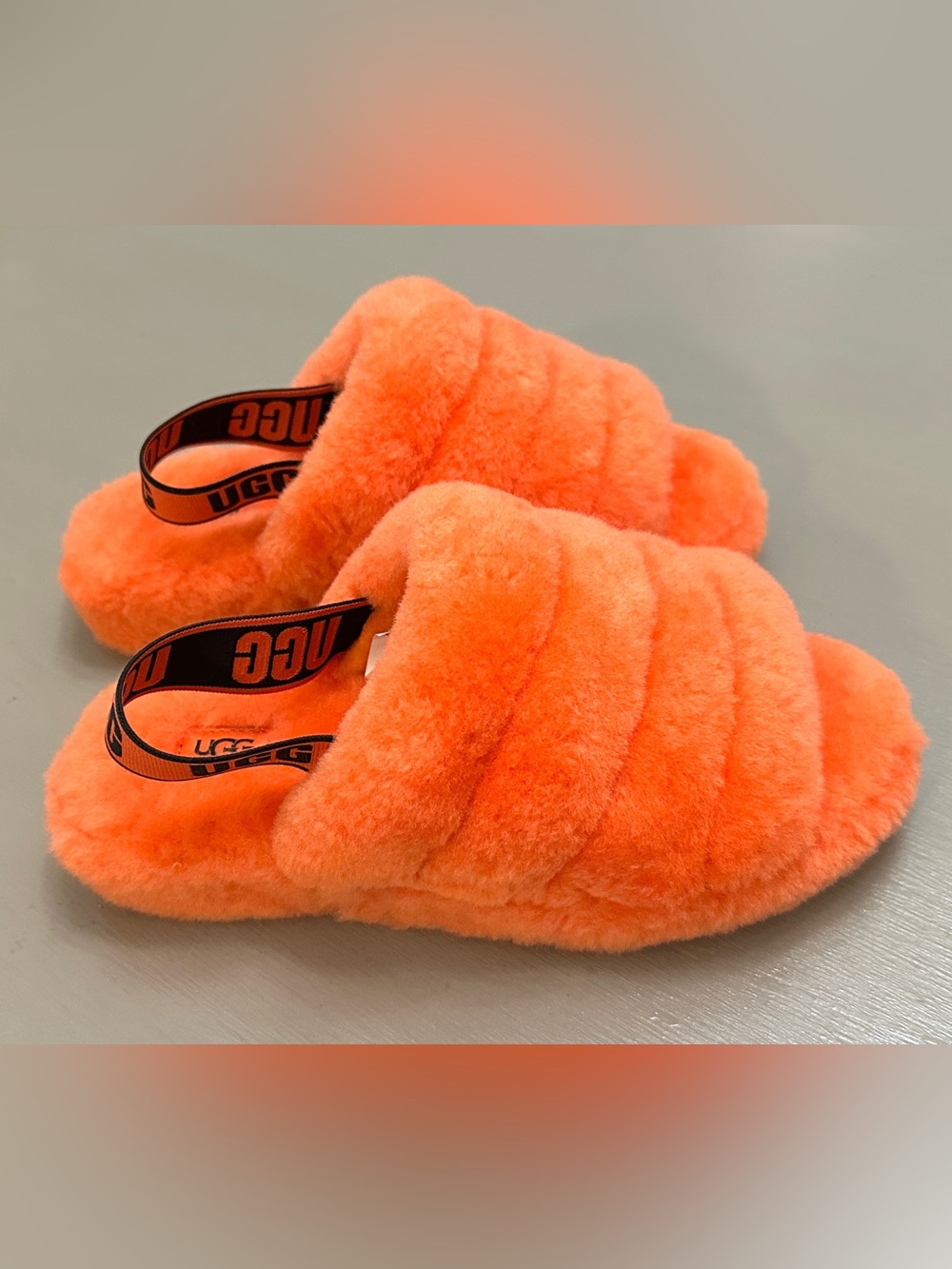 UGG Fluff Yeah Slide Slipper Sandals Women 7 Orange Neon Fluffy Fur 1095119 NWOT